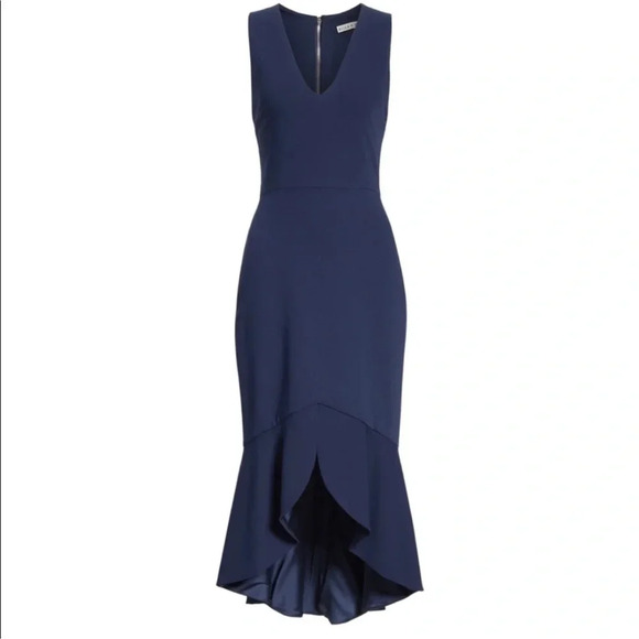 Alice + Olivia Blakesley Split Front Fit and Flare Dress Navy Blue Size 0 - Picture 4 of 12